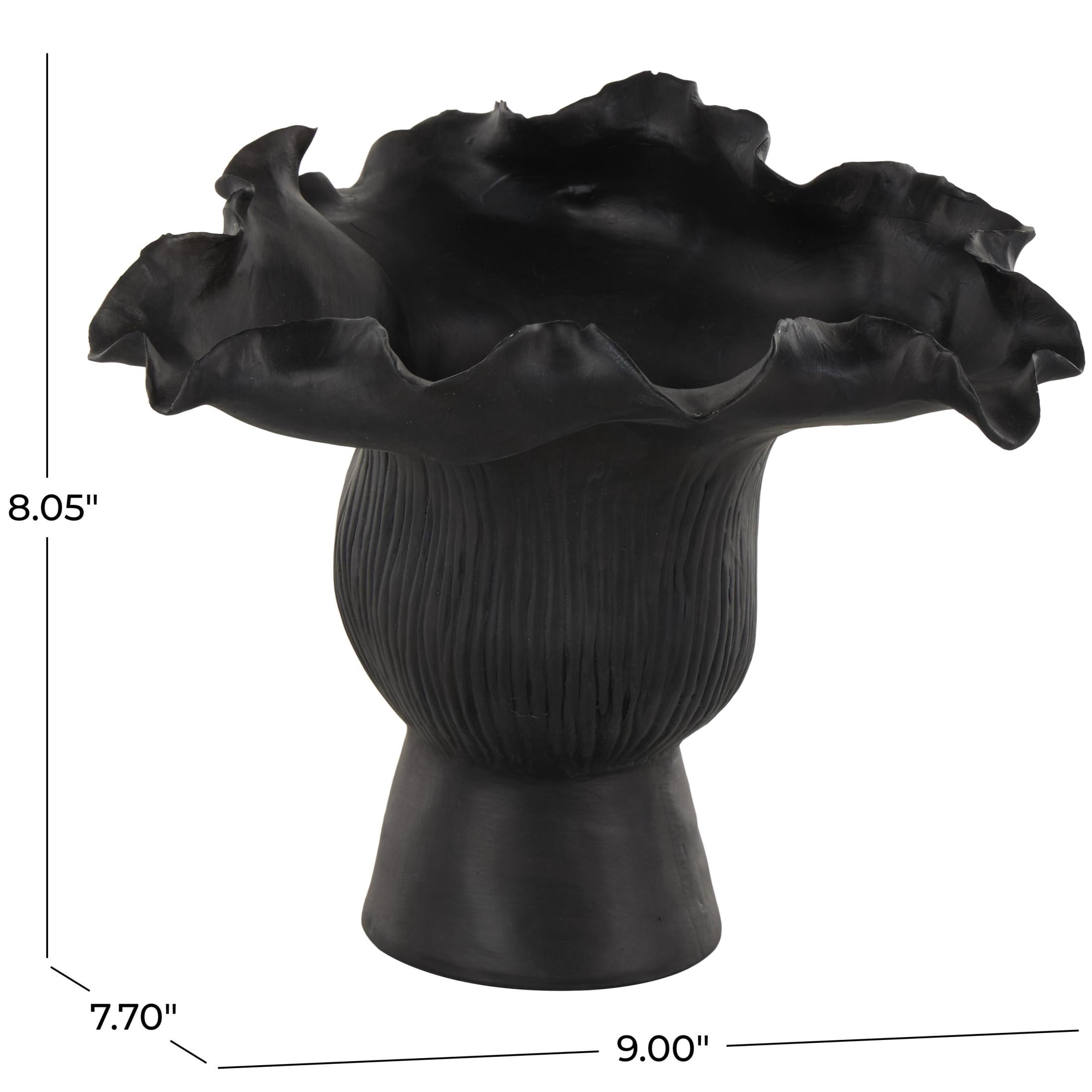 DecMode 8" Abstract Floral Inspired Black Ceramic Vase with Wavy Folded Rim and Linear Grooves
