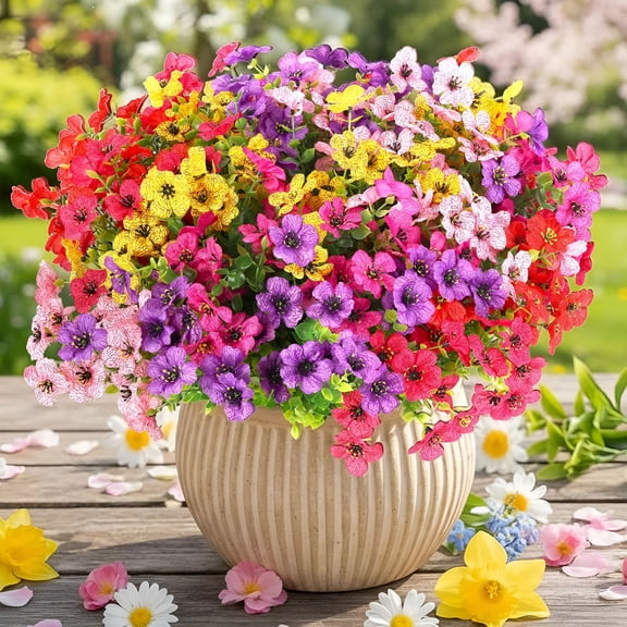 TUWAFE 12 Bundles Artificial Flowers for Outdoor Indoor,Fake Silk Daisy with Eucalyptus Leaves,Faux Flower for Garden Front Door Porch Planter Patio Home Decor (6 Multicolor)