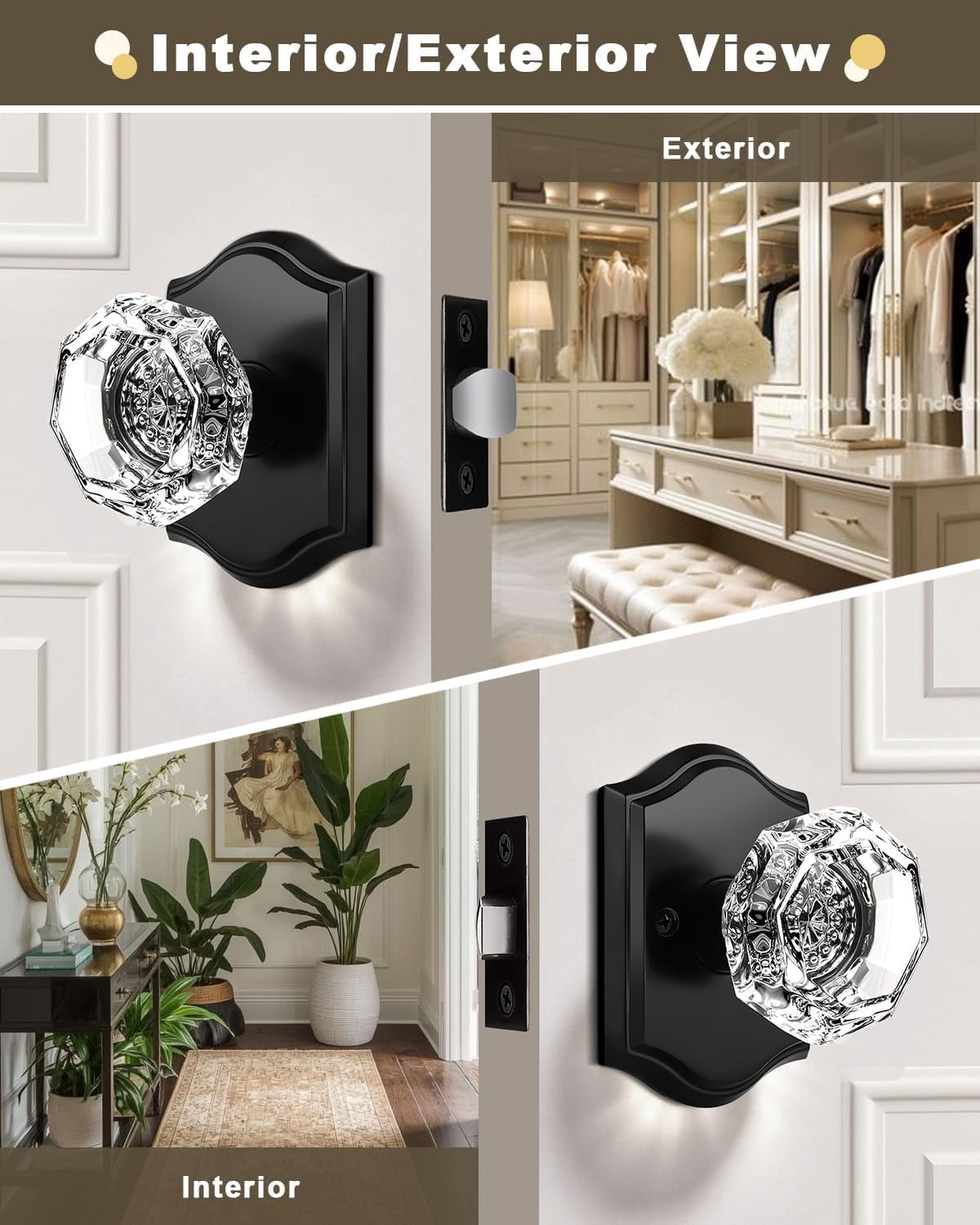 5 Pack Clear Crystal Door Knobs,Diamond Glass Passage Door Handles Locks for Closet Hallway,Keyless Interior Door Knob with Matte Black Rosette