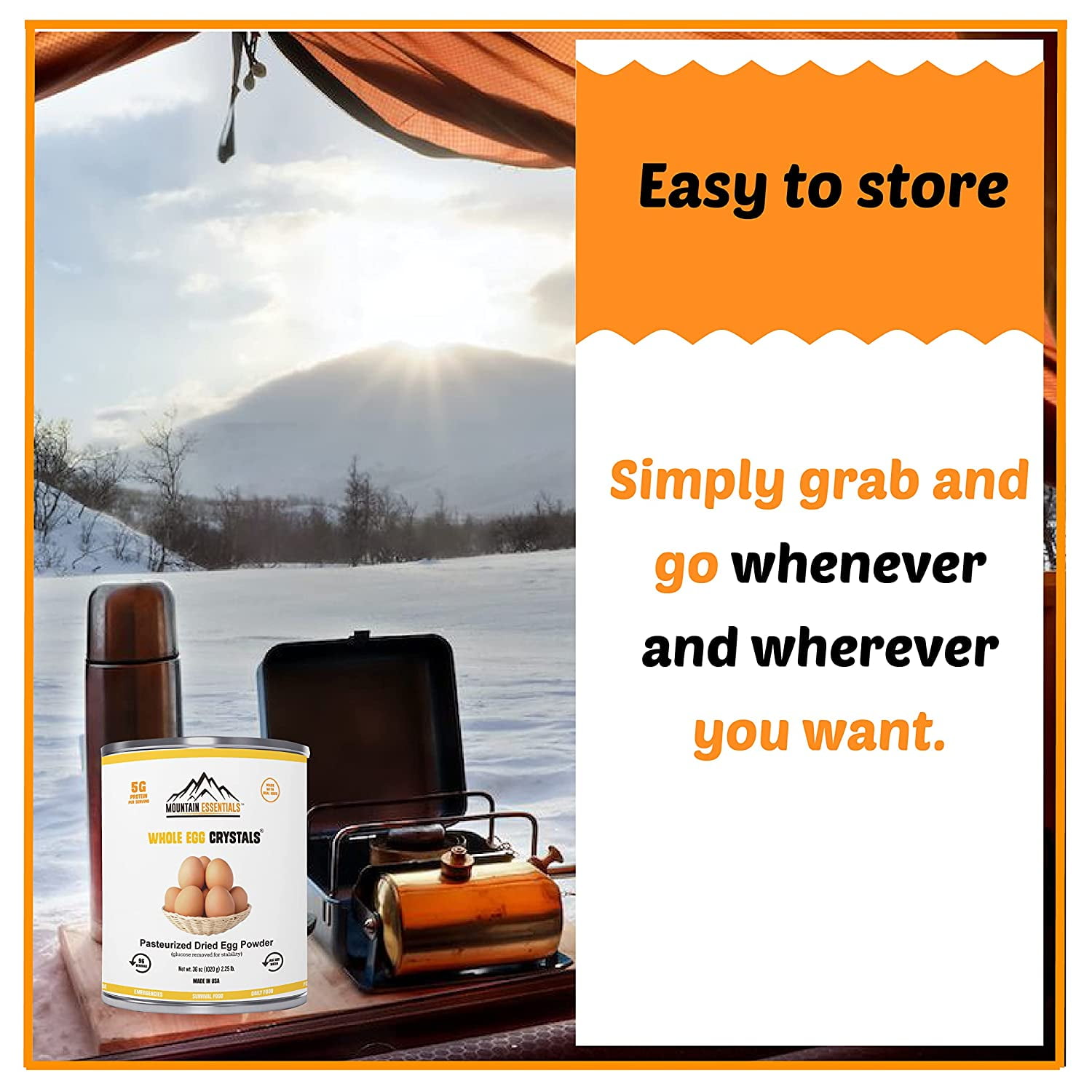 Mountain Essentials Dried Whole Egg Powder Crystals – 96 Servings, 5g Protein per Serving, Pasteurized Dehydrated Eggs, Long-Term Food Storage (7-Year Shelf Life), Emergency Survival & Camping Food