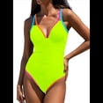 thumbnail image 2 of Traje de Baño de una Pieza para Mujer 2025 con Control de Abdomen, Diseño de Bloques de Color Neón, Cuello en V Profundo y Adelgazante Amarillo Limón XL, 2 of 8