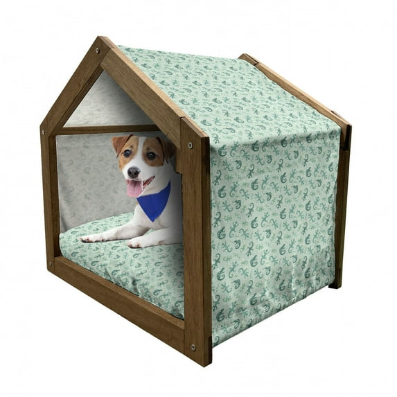 Gecko Pet House, Little Lizards Chameleons Chevron Zigzag Ornate Pattern, Outdoor & Indoor Portable Dog Kennel with Pillow and Cover, 5 Sizes, Pale Green Dark Green, by Ambesonne