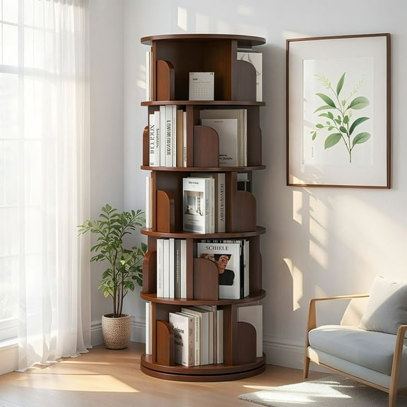 LUMAMIN 5 Tier Rotating Bookshelf, 360°  Display Round Bookcase Tower, Wood Swivel Book Shelf Organizer for Bedroom, Living Room, Walnut