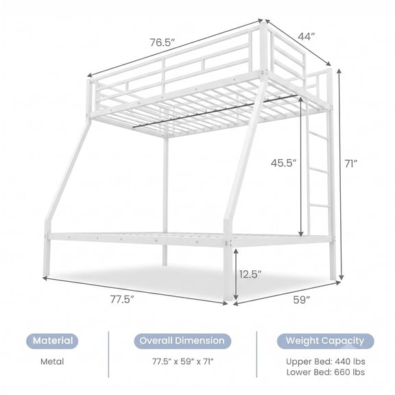 Furnibear Twin Over Full Metal Bunk Bed Frame with Ladder and Safety Guardrails for Kids Teens Dorm and Guest Bedroom , White