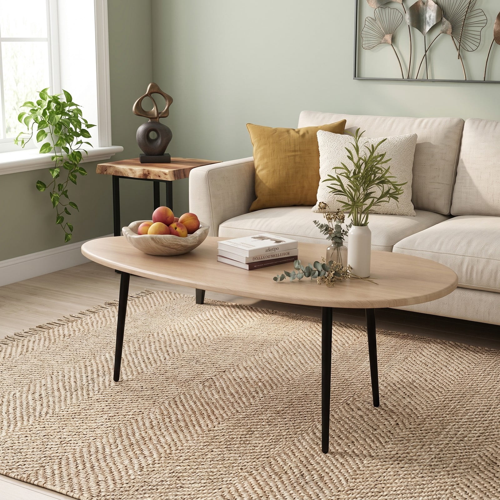 Furnibear Oval Coffee Table Mid Century Center Table with Sturdy Metal Frame, Open Storage Shelf & Adjustable Foot Pads for Living Room, Hallway & Lounge, Natural