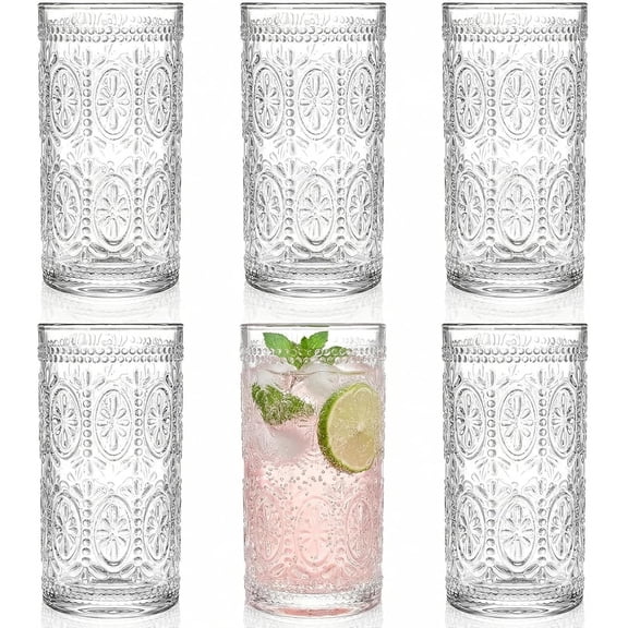 6 Pack Romantic Drinking Glasses, 12 oz Highball Glasses, Thick Water Glasses, Tall Glass Cups for Beverages, Beer, Cocktail, Vintage Glassware Set for Dinner Parties, Bars, Restaurants