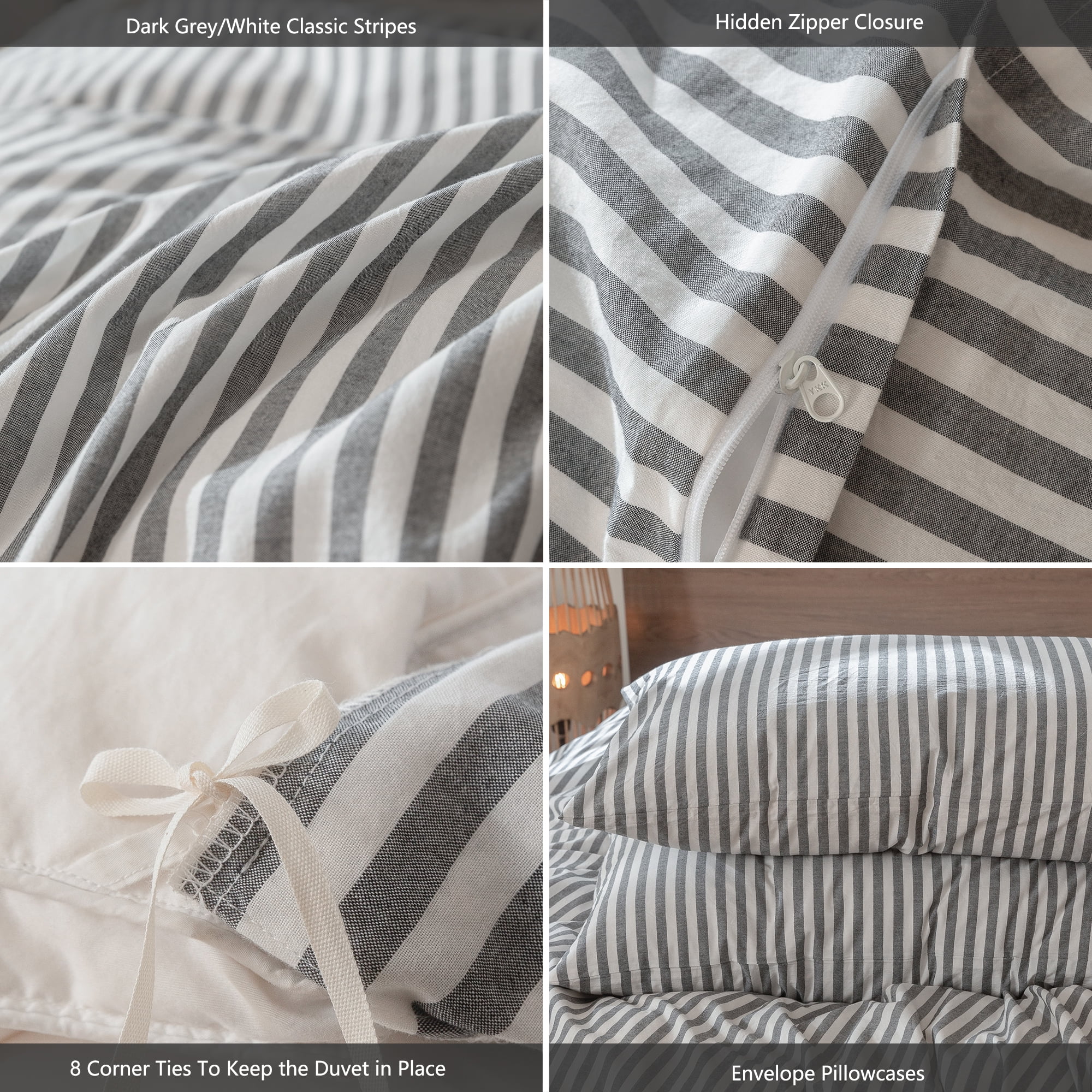 MooMee Striped Duvet Cover Set Cal-King 100% Washed Cotton Linen Like Textured Breathable 3-Piece (Dark Grey& White Classic Stripes)