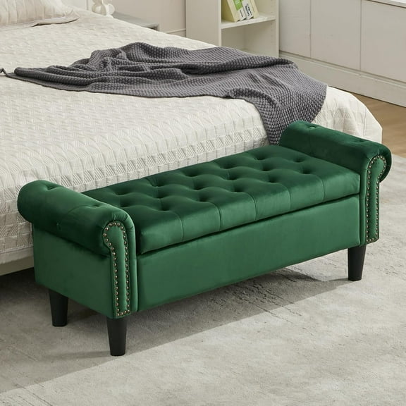 Storage Bench, 50" Queen End of Bed Bench, Velvet Tufted Button Upholstered Bedroom Bench, Storage Ottoman with Rolled Arms, Window Bench with Storage, for Living Room, Entryway Green