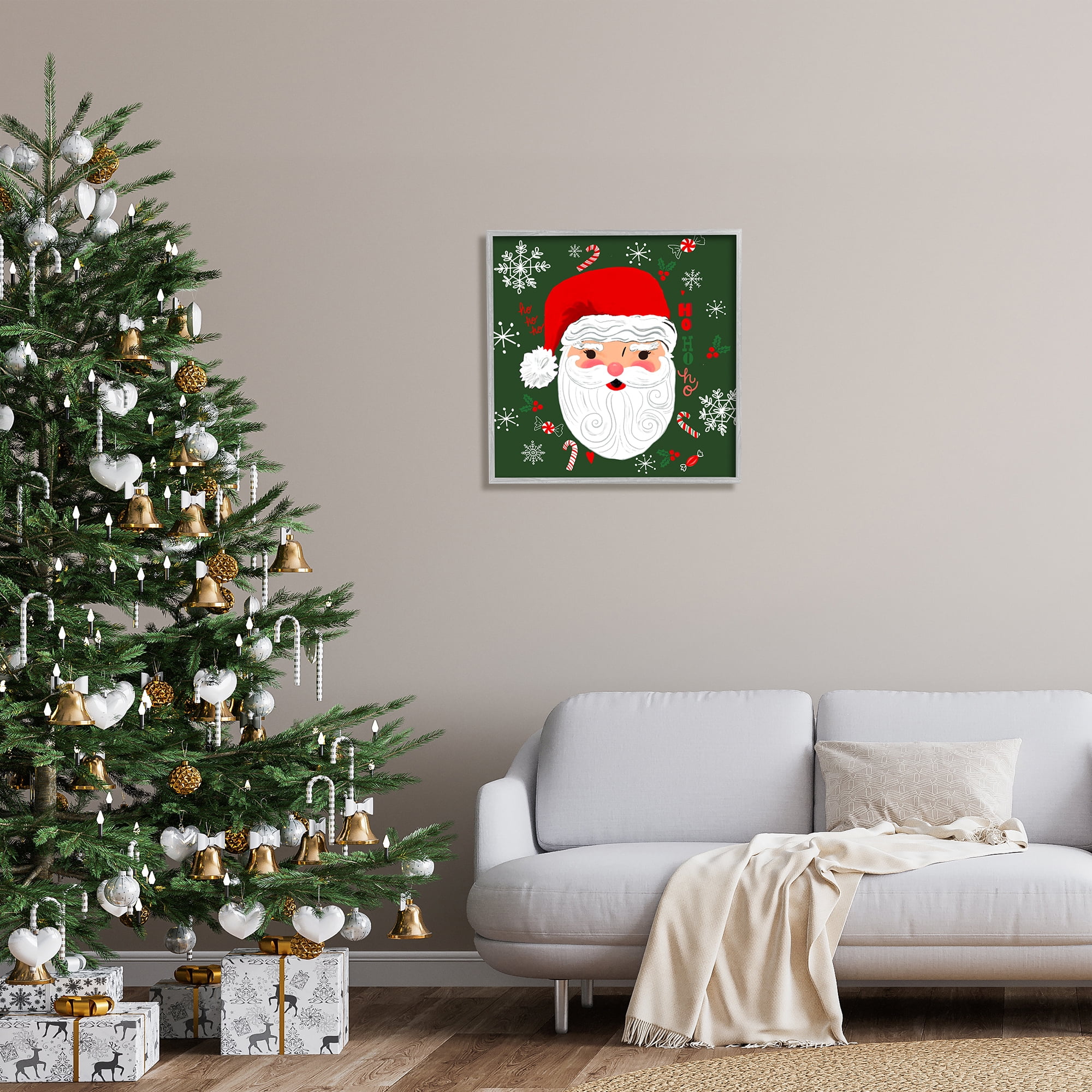 Stupell Industries Jolly Santa on Green Holiday Painting Gray Framed Art Print Wall Art, 24 x 24