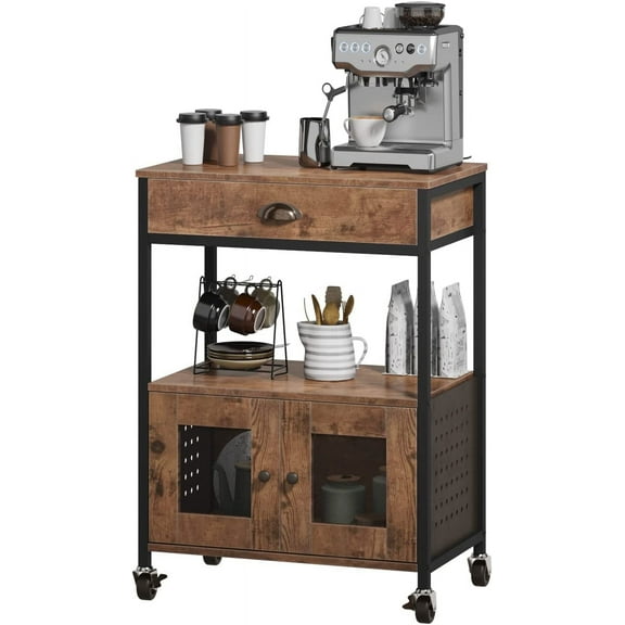 Catrimown Coffee Cart, Coffee Bar Microwave Cart with Storage, Coffee Cart Station, Rustic Brown