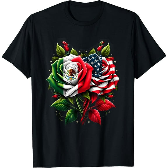 Mexico USA Flag Mexican Flag American Flag Rose Flower T-Shirt