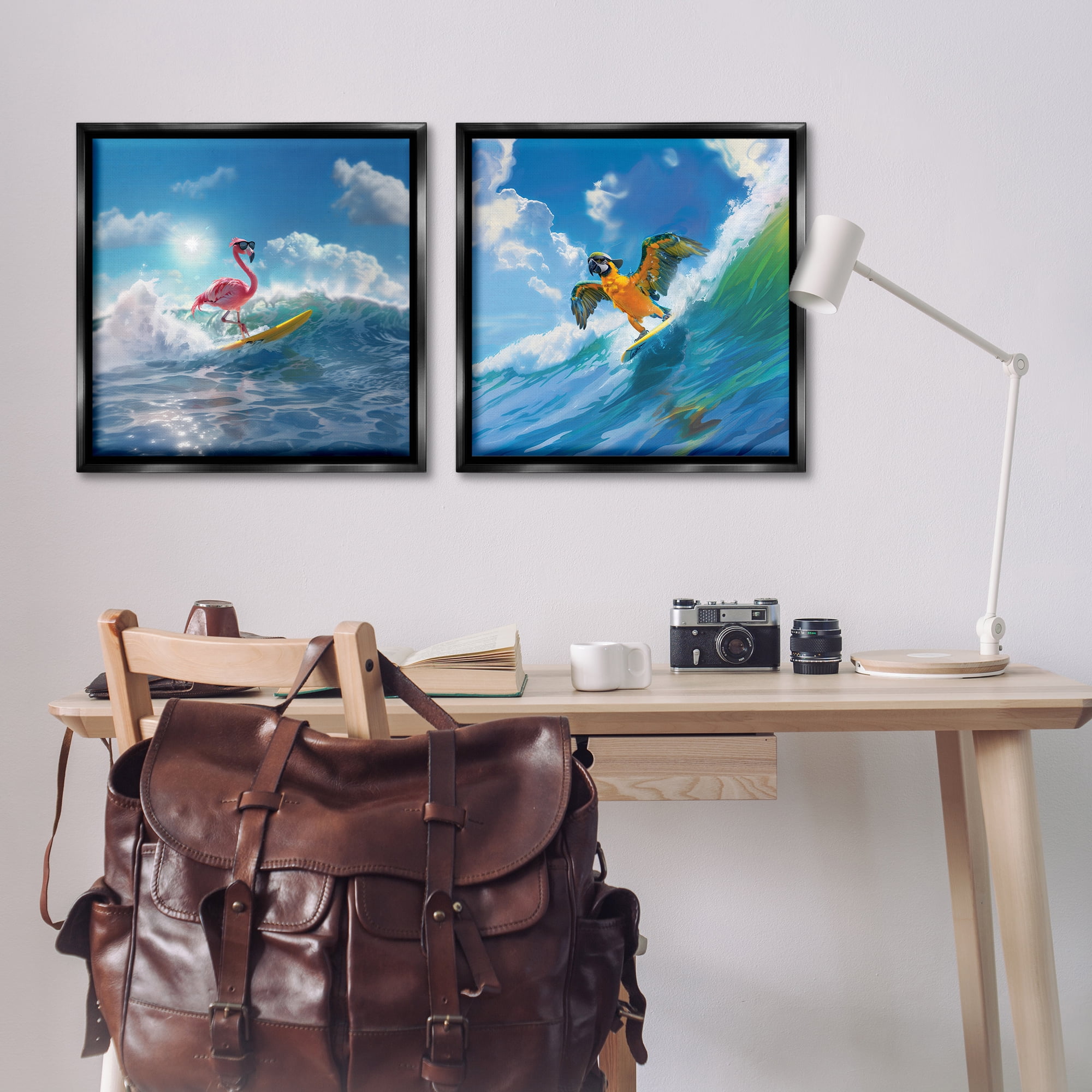 Stupell Industries Parrot & Flamingo Surf Nautical & Beach Painting Black Floater Framed Canvas Art Print Wall Art, 25 x 25, Set of 2