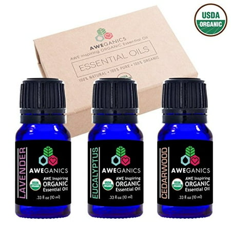 - Aweganics USDA Organic Essential Oils for Anxiety and Stress Set, 3 Pack Oil Blends Aromatherapy Gift Set, 100% Pure, Natural, Relaxing, Soothing, Lavender, Cedarwood, Eucalyptus - 10 ml - MSRP $44.97