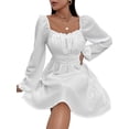 thumbnail image 4 of SAYOO Vestido de primavera para mujer, vestido de cintura alta fruncido con cuello cuadrado liso de manga larga, trajes hasta la rodilla con lazo en la cintura para mujer SAYOO  moda, 4 of 6