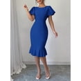 thumbnail image 4 of Royal Blue Women Solid Color Round Neck Petal Sleeve Ruffle Hem Midi Dress, 4 of 6