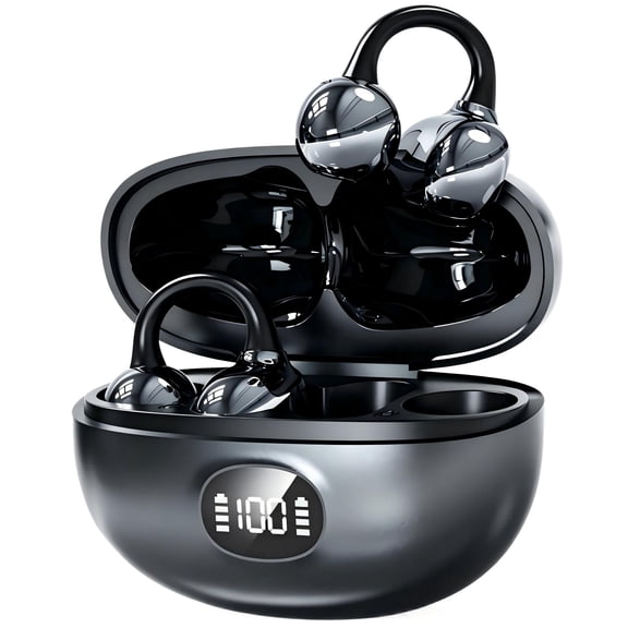 Clip-On Earbuds, Bluetooth 5.4 Open Ear Earbuds with LED Display Charging Case, Lightweight Comfortable Fit, Waterproof, Clear Calls, Fast Pair