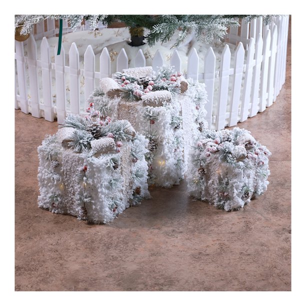 Set of 3 Christmas LED Lighted Gift Boxes Frosted Tinsel Present Box