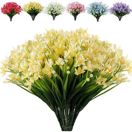 8 Bundles Artificial Flowers Fake Daffodils Flowers UV Resistant No Fade Faux Greenery Faux Plastic Lotus for Wedding Garden Hanging Planter Indoor Porch Patio Office Home Decoration  Yellow