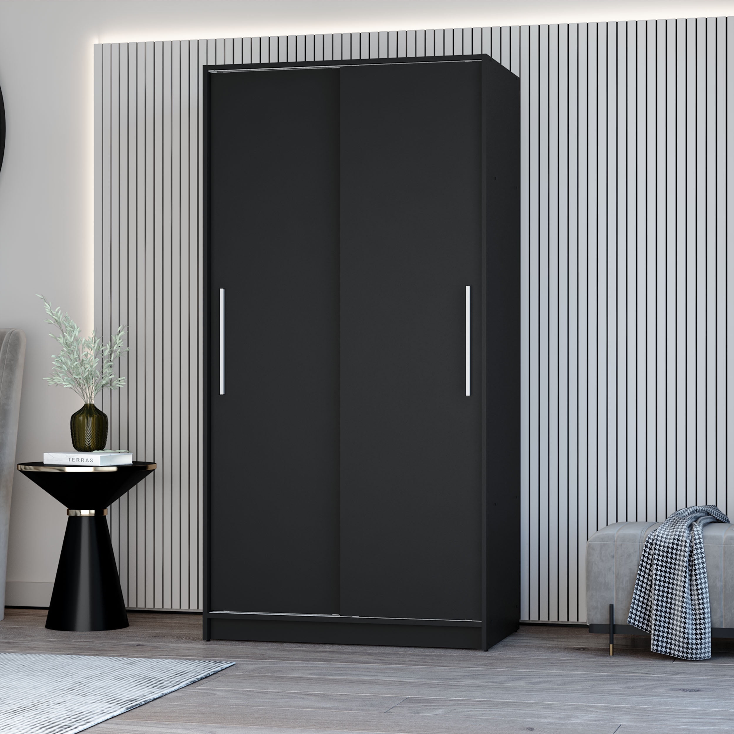 Polifurniture Denmark 71 in. Modern Bedroom Armoire with 2 Sliding Doors, Shelves & Hanging Rod, Black Wood