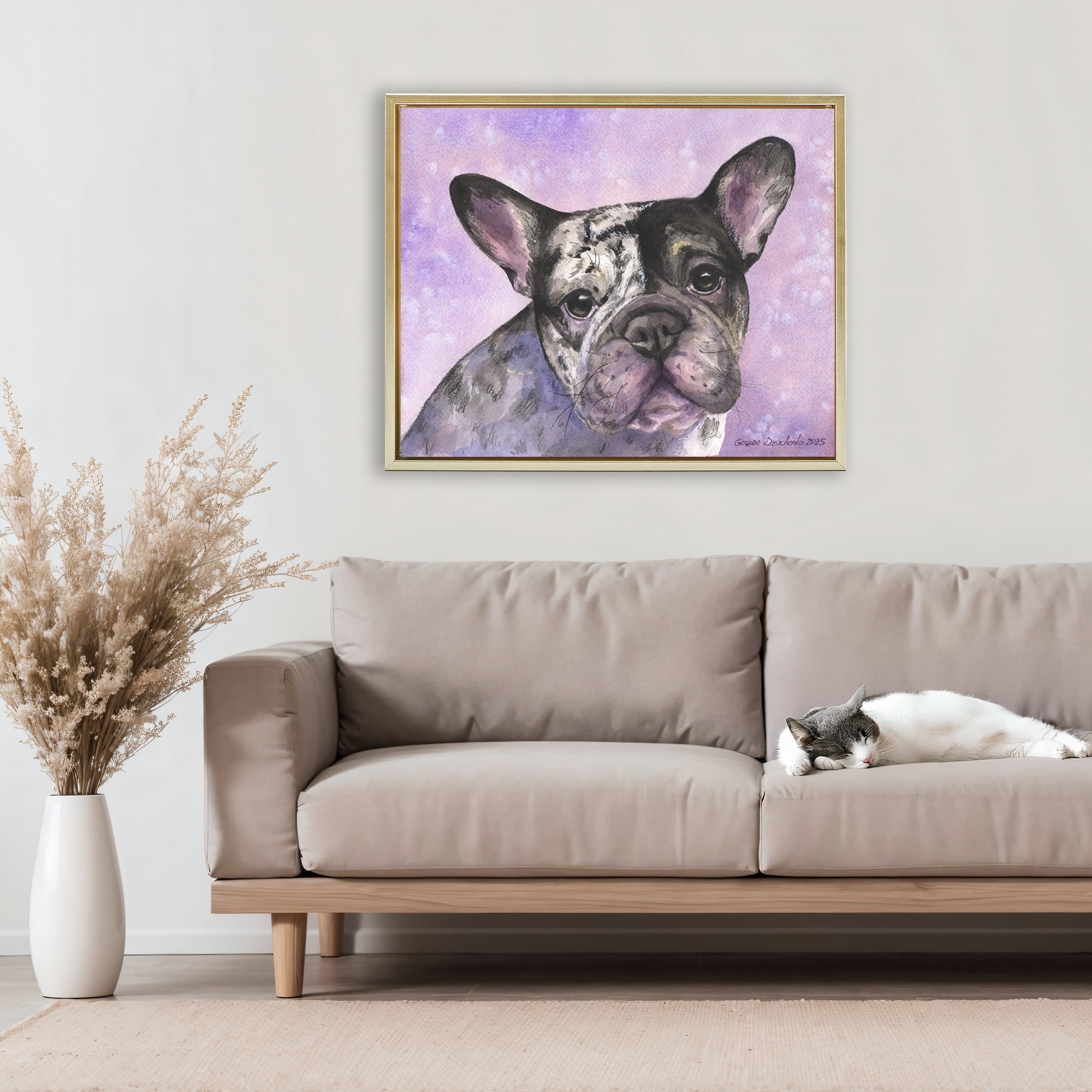 Stupell Industries Harlequin French Bulldog Gold Framed Floater Canvas Wall Art, design by George Dyachenko