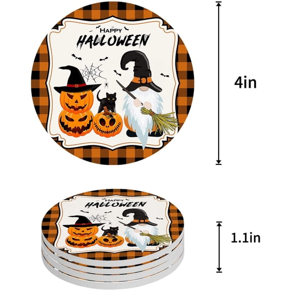 FMSHPON Happy Halloween Gnome Pumpkin Black Buffalo Plaid Set of 4 Round Coaster for Drinks, Absorbent Ceramic Stone Coasters Cup Mat with Cork Base for Home Kitchen Room Coffee Table Bar Decor