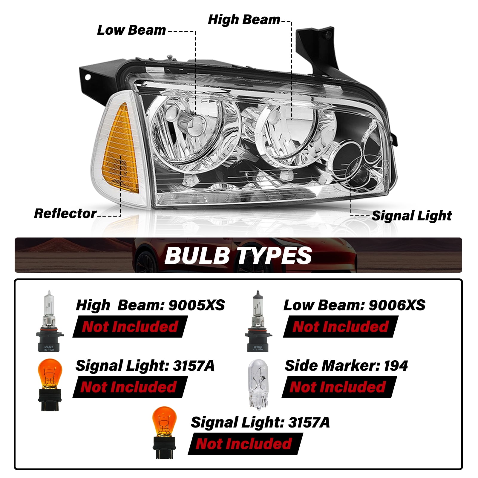 For 2006-2010 Dodge Charger Chrome Headlights Amber Corner Headlamps Set of 2PC