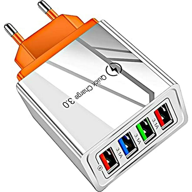 Cargador multipuerto, cargador USB de 4 puertos o tomacorriente de pared de carga rápida y luz LED para iPhone 12 / Pro/Max/Mini, MacBook Pro/Air, iPad, Samsung Galaxy (cargador de 4 USB, naranja) TUNC Sencillez