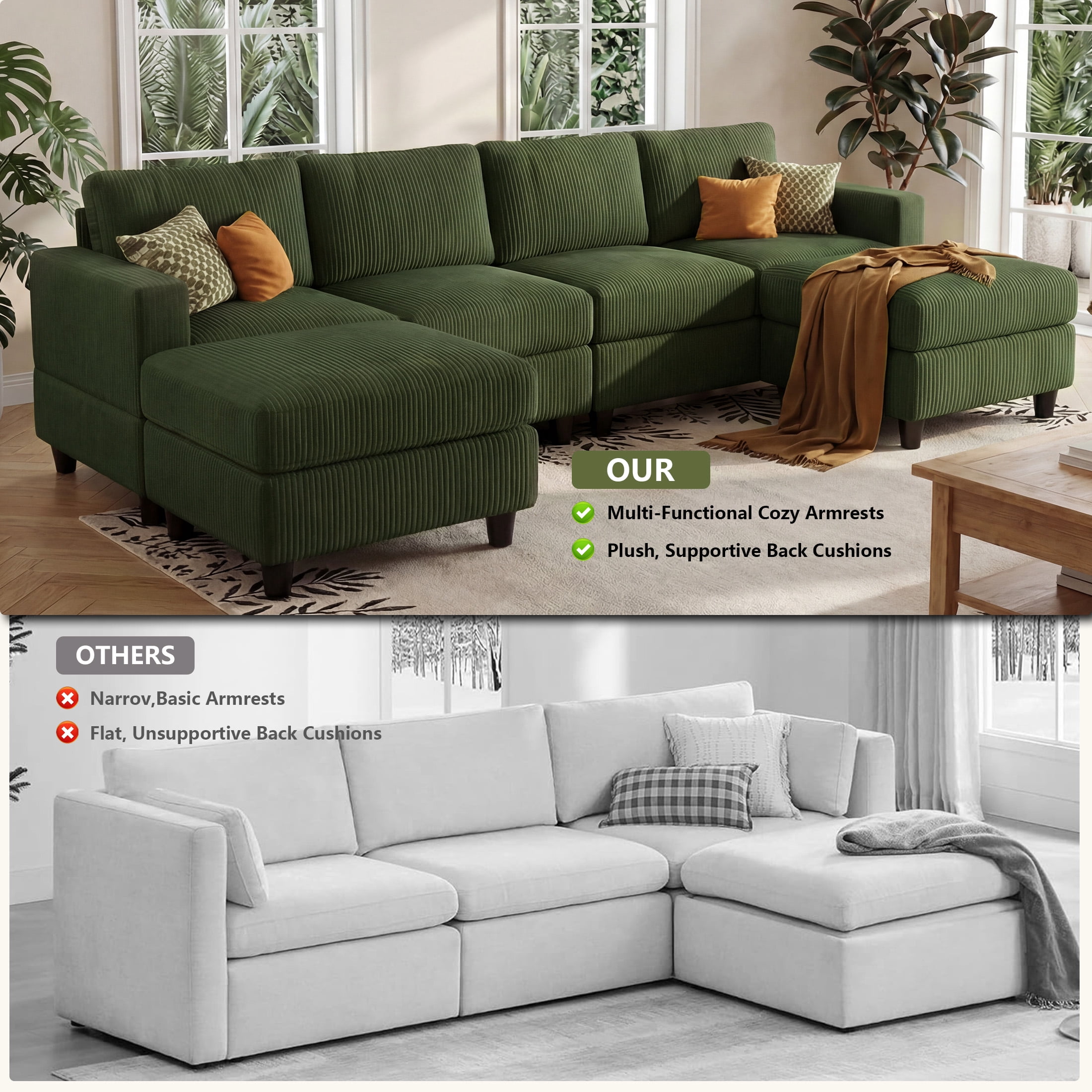 Aukfa 101" Corduroy U-Shaped Sectional Sofa with 2 Ottomans, 6-Seater Cloud Couch, Green