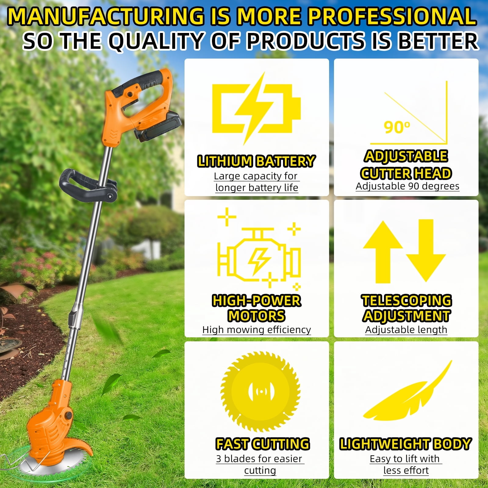 Paddsun Electric Weed Wacker Battery Powered,Cordless String Trimmer Edger with Wheels 3 Function Blades Cutter for Yard and Garden
