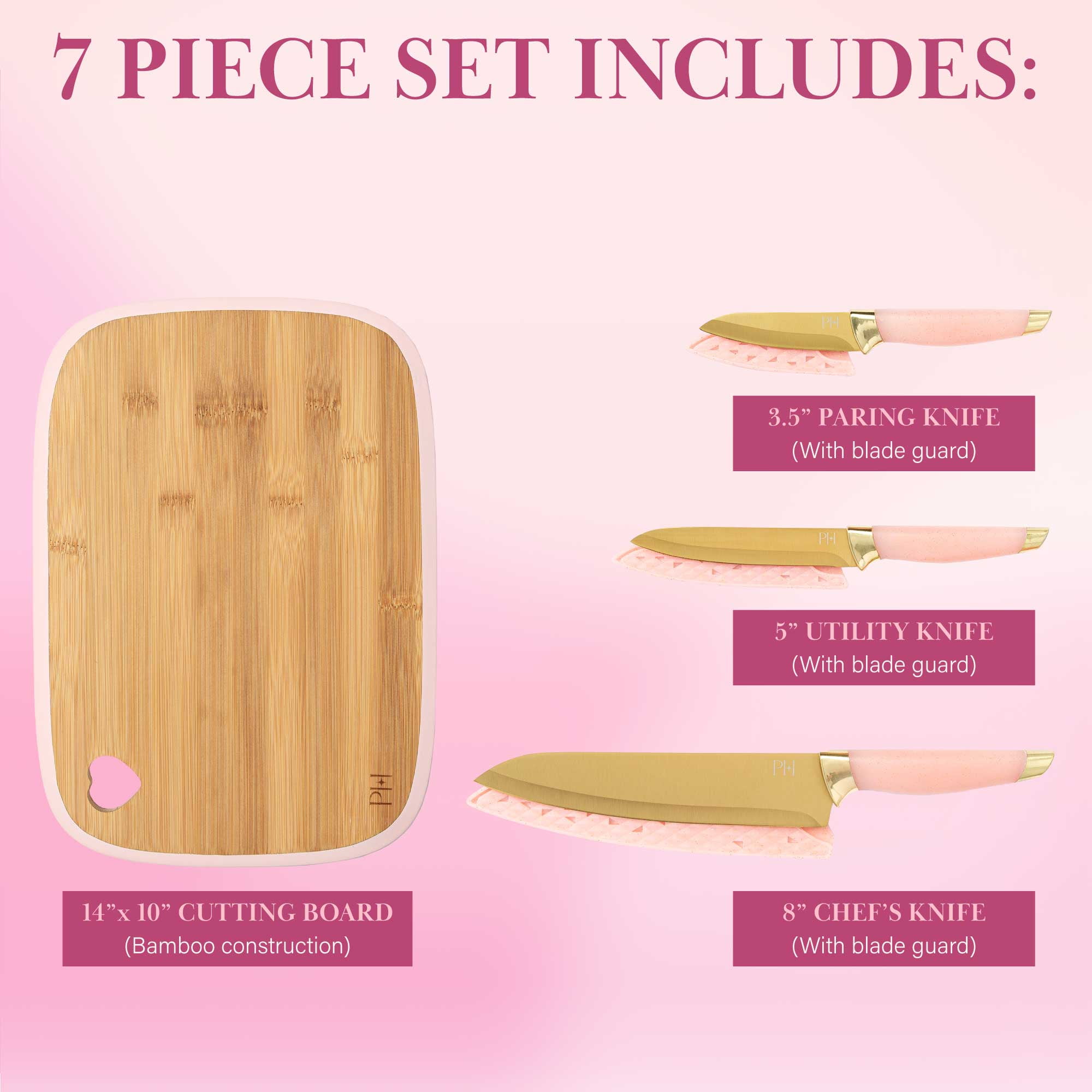  Paris Hilton Reversible Bamboo Cutting Board and Cutlery Set  with Matching High Carbon Stainless Steel Knives, Blade Guards, Sleek Yet  Comfortable Handle Grips, 7-Piece Set Gold, Charcoal Gray: Home & Kitchen