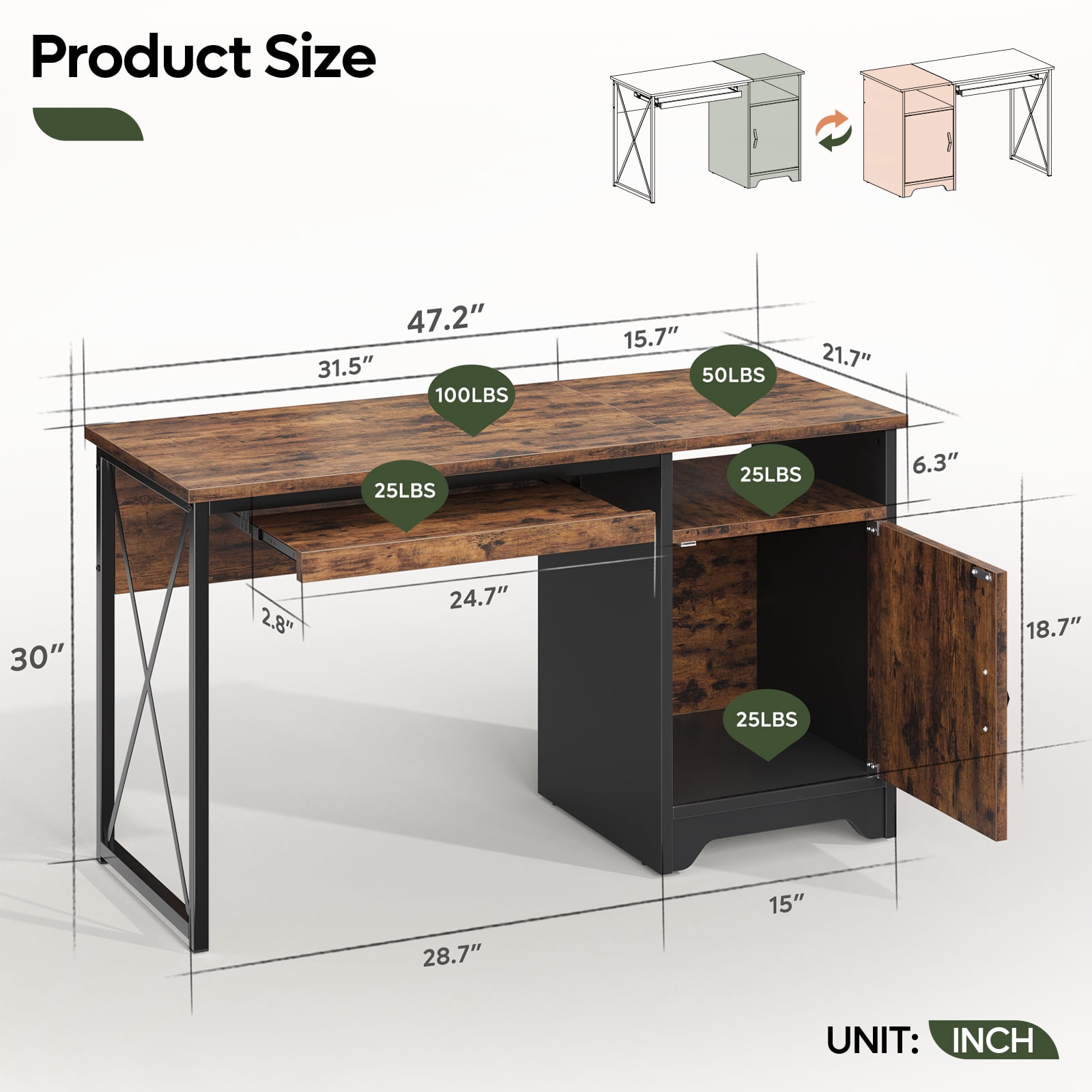 Bestier 47" Computer Desk Reversible Home Office Desk Executive PC Table with Keyboard Tray and Storage Cabinet, Rustic Brown