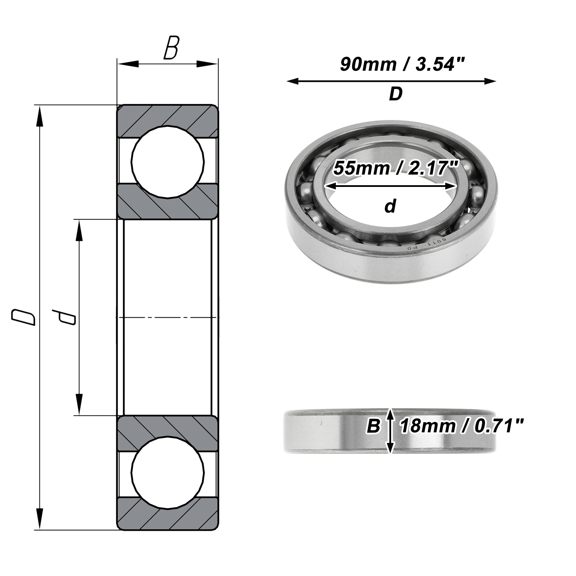Unique Bargains 6011 Deep Groove Ball Bearings P0 55x90x18mm Lubricated Bearings Open Type Silver Tone Scooter Skateboard Wheel