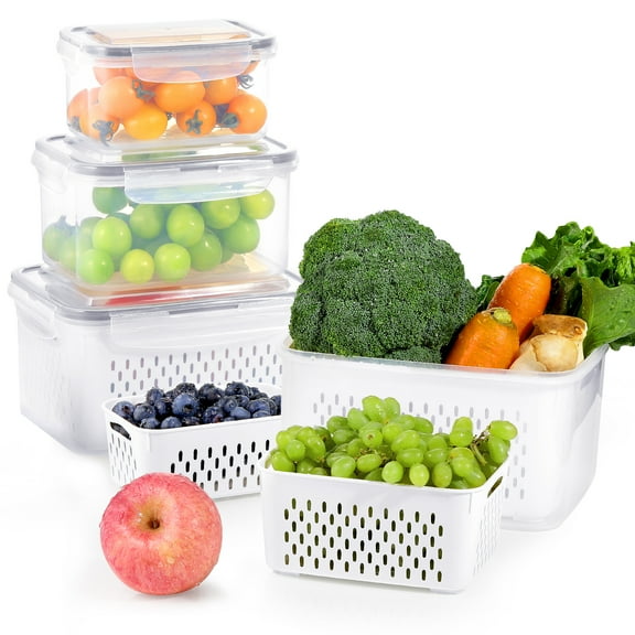 Food Storage Containers, Funtopia 8 Pcs Plastic Fruit Container for Fridge, BPA-Free Produce Saver for Fresh Vegetable, Meal Prep Container with Lids and Colander Baskets, Food Organizer for Kitchen