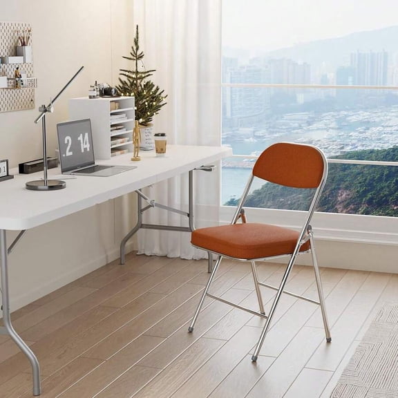 Orange Folding Chair With Padded Corduroy Seat & Back, Metal Frame, 350 Lbs Capacity – Ideal For Office, Events, Dining