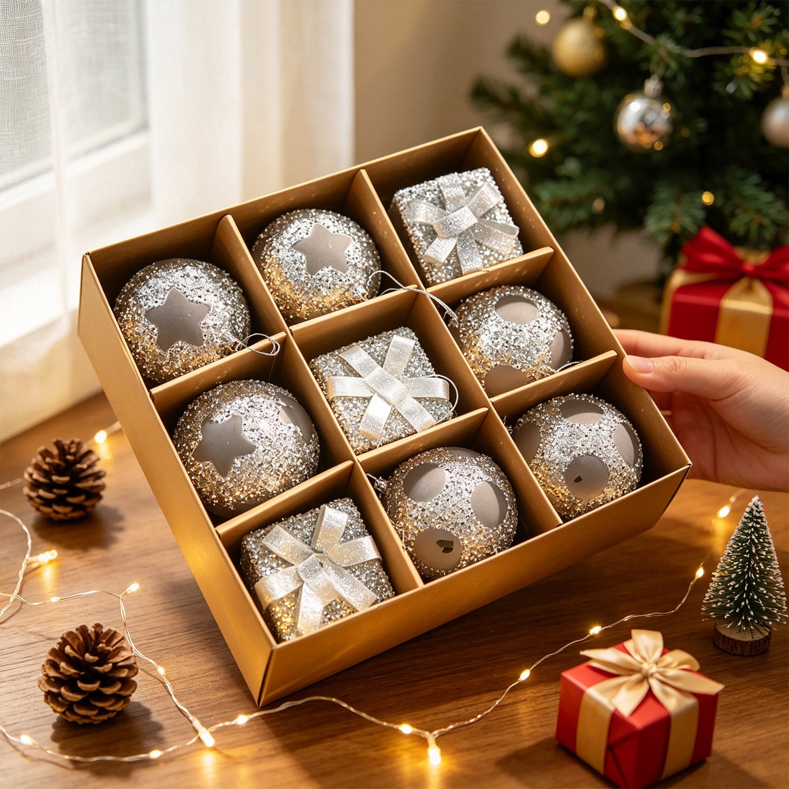 Glitter Christmas Ball Ornaments 9 Pieces in Box PVC Hanging Decorations for Tree Party Festive Decor