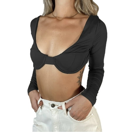 

JBEELATE Women Long Sleeve Crop Top Square Neck Bustier Bra Top T-Shirts Sexy Low Cut Blouse Y2K Streetwear