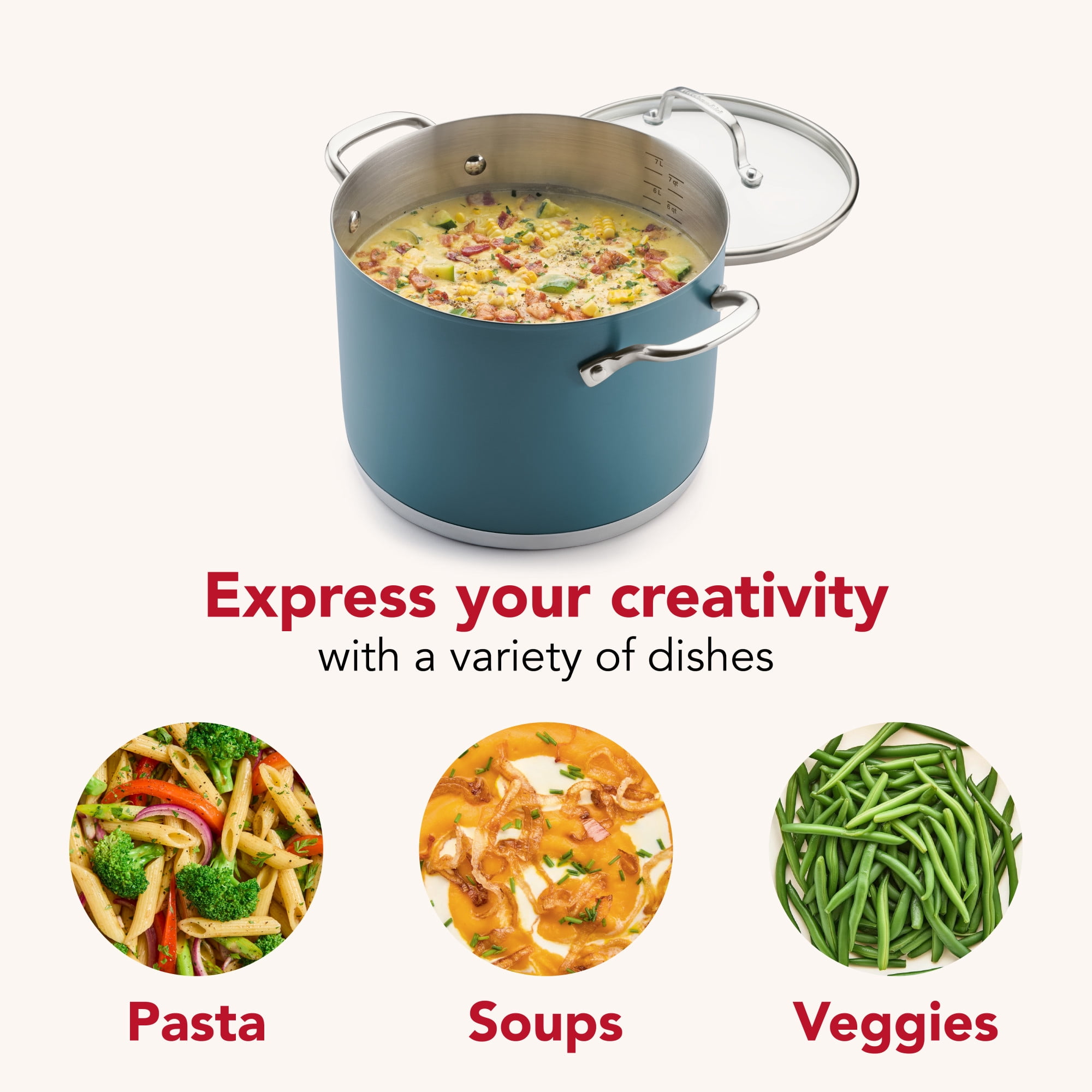 KitchenAid 8qt Color-Finished Stainless Steel 3-Ply Base Stockpot with Lid Dishwasher and Metal Utensil Safe, Induction Suitable and Oven Safe to 500°F, Agave