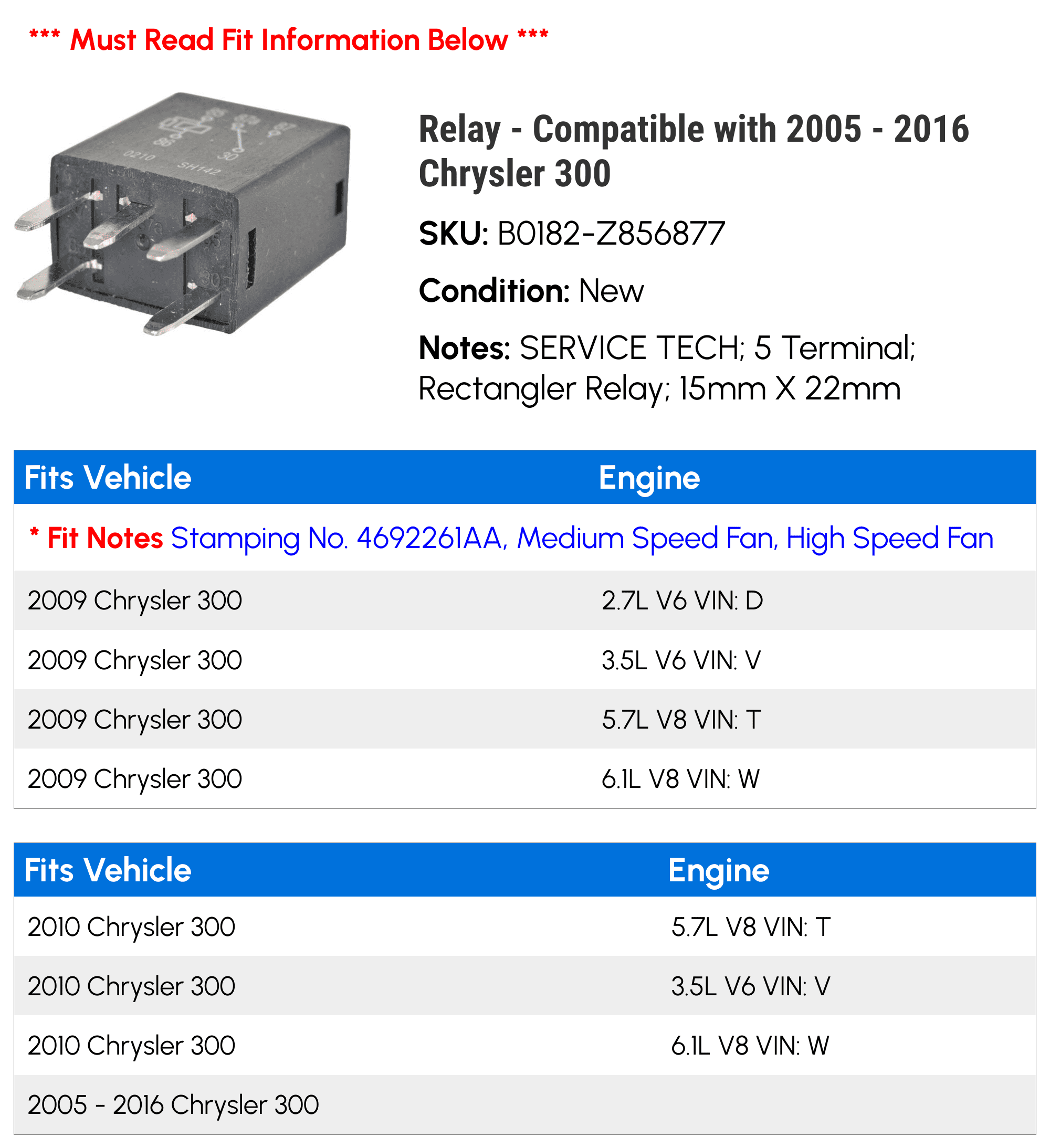 API 4692261AA 15mm X 22mm 12V, 30 Amp Medium Speed Fan Electrical System Relay
