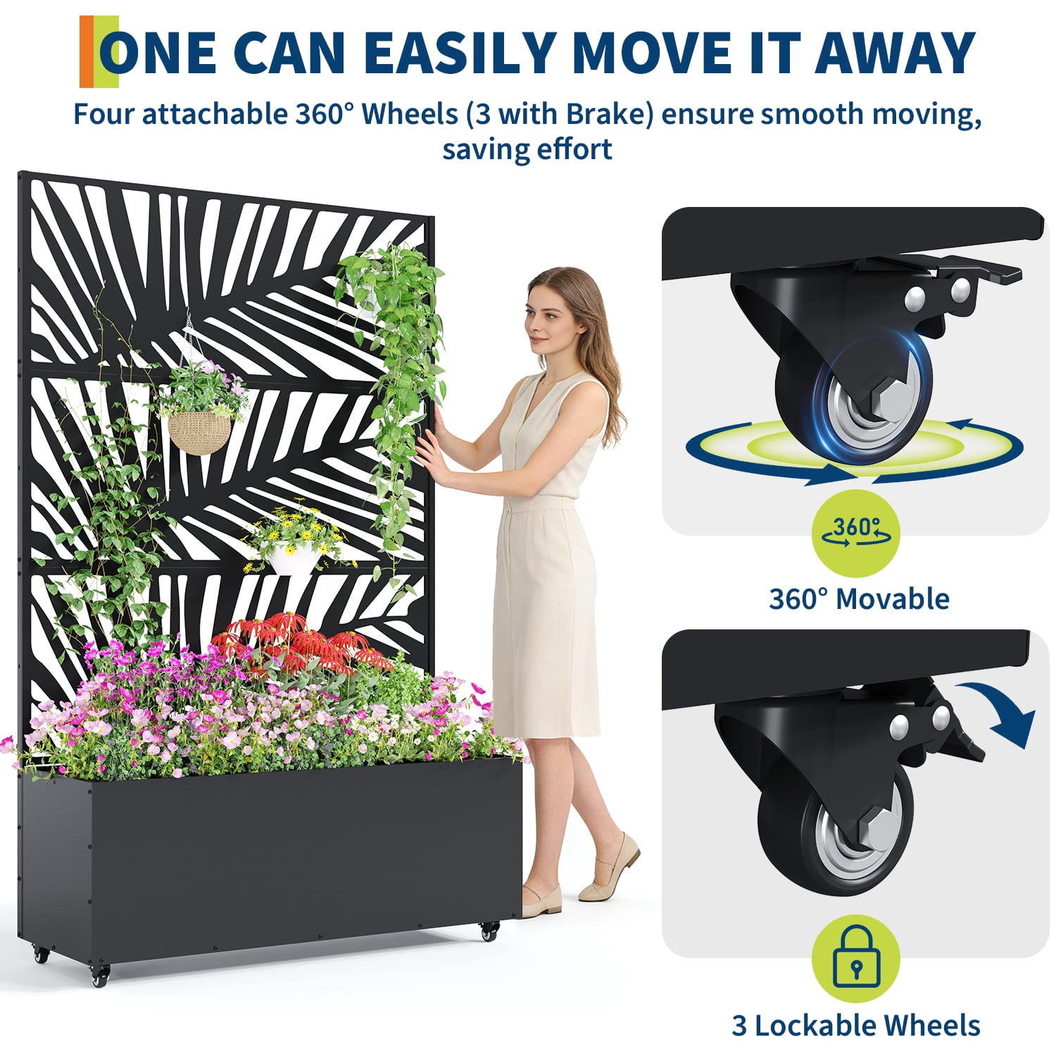 Ataucjin 16" Deep Planting Bed with Drainage Holes,Metal Planter Box with Trellis, Raised Garden Bed with Wheels, Deep Privacy Screen for Climbing Plants,47"X16"X71"