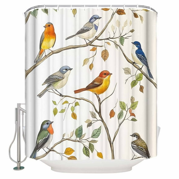 Small Stall Shower Curtain 36x78 Inch Narrow Half Size Watercolor Bird Bath Curtains Bathroom Decor Spring Multicolored Leaf Plant Branch Waterproof Fabric Shower Curtain Set with Hooks 36 Inch
