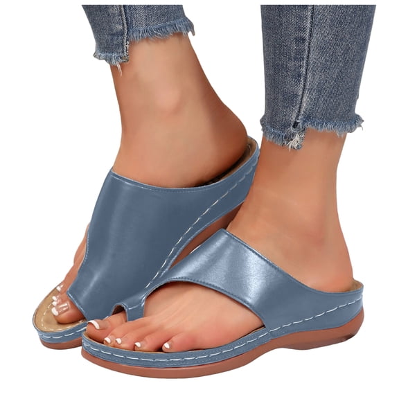 Orthopedic Sandals for Women Trendy Cutout Toe Ring Flip Flops with Arch Support Casual Low Wedge Slides Blue Size 7.5