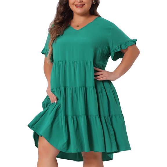 DARING DIVA Women's Plus Size V Neck Ruffle Sleeve Swing A Line Tiered Dress 1X Green