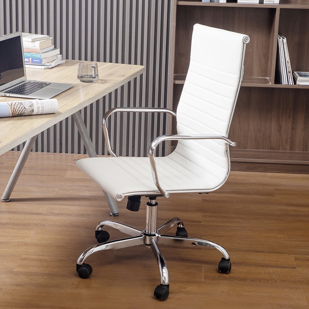 Kepooman Modern Ribbed Adjustable Swivel Rolling Computer Chair with Armrest for Home Office, White Kepooman Modern Ribbed Adjustable Swivel Rolling Computer Chair with Armrest for Home Office, White