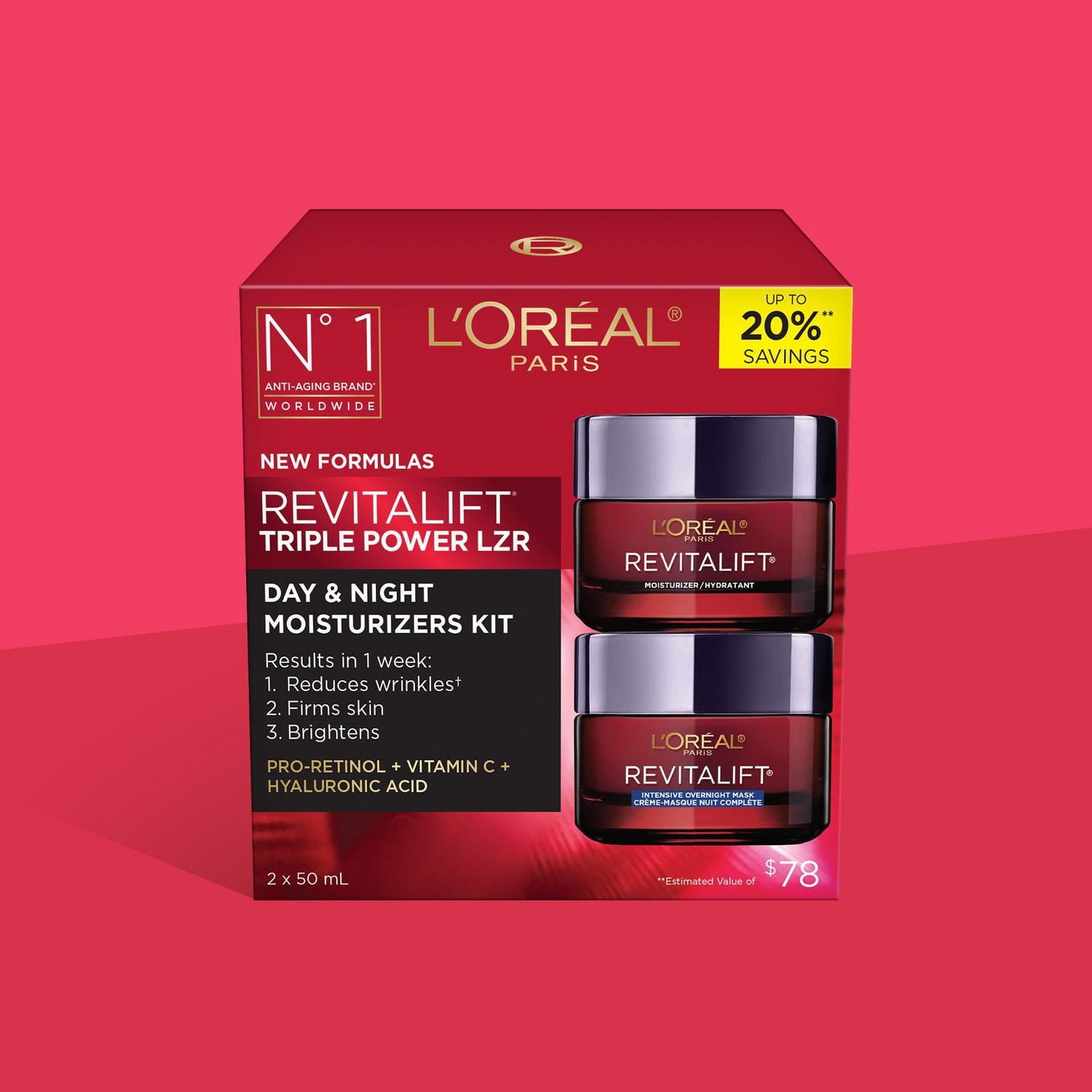 Crème de Jour & Crème de Nuit Anti-Âge avec Pro-Rétinol, Vitamine C et Acide Hyaluronique, 1 Kit | Revitalift Triple Power LZR Crème Jour et Nuit, 2x50mL