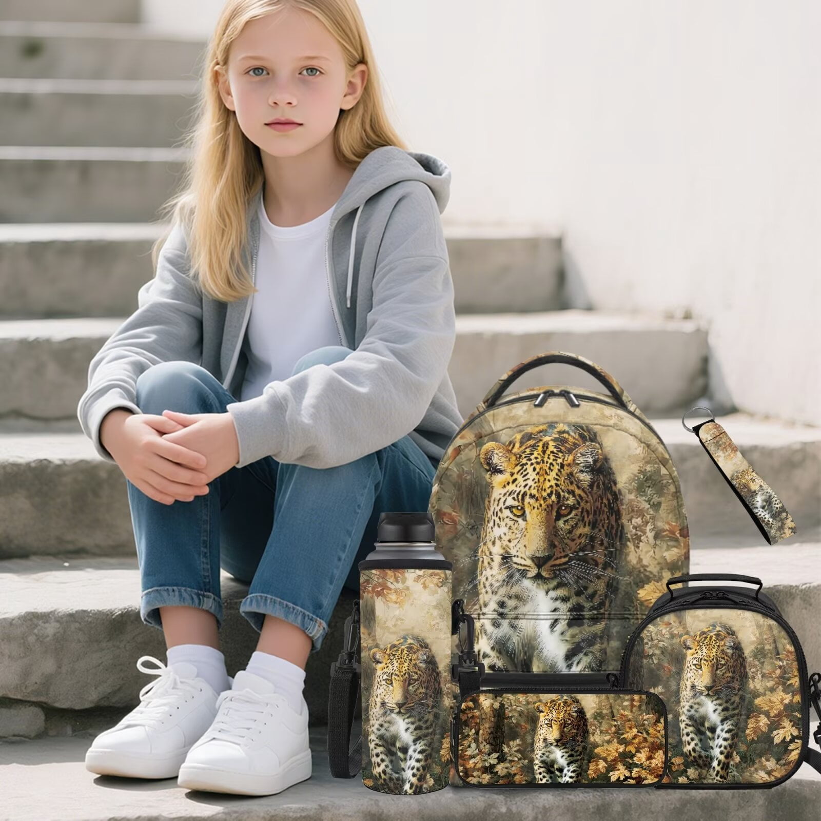 Pzuqiu Cute Leopard Print Kids Backpack and Lunch Box Set 5 Piece Large Lightweight School Bag Set with Pencil Case Water Bottle Bag for Elementary Boys Girls Daily School Use