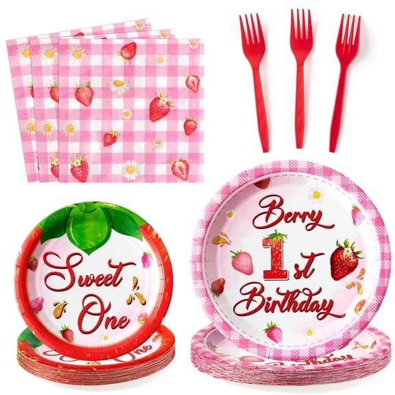 Haooryx Strawberry Party Tableware Set for Birthday Wedding,Includes Plastic Forks Paper Plates Napkins,Pink,96 Pieces