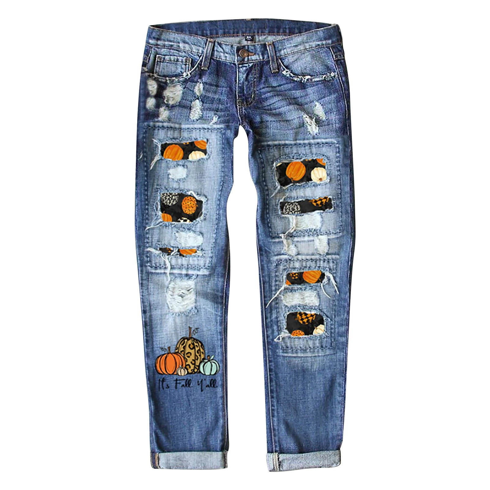 Women Buttoned Pocket Design Ripped Cutout Denim Pants Patchwork Destroyed  Hem Jeans Ripped Hole Denim Pants Jean Lined Leggings Women 