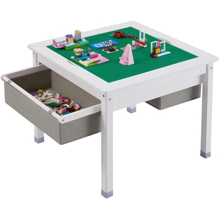 3 in 1 Kids Construction Play Table with Storage Drawers, Wooden Activity Table with 2 in 1 Detachable Blocks and Blackboard Tabletop, Compatible with Lego and Duplo Bricks