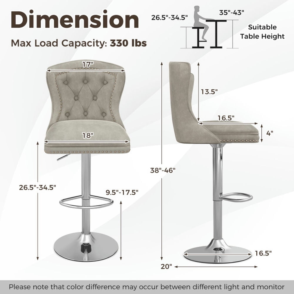 Demi Bonn Set of 2 Bar Chairs with Footrest Electroplated Metal Base and Anti-Slip Ring, Modern Dining Chair with Backrests, Gray