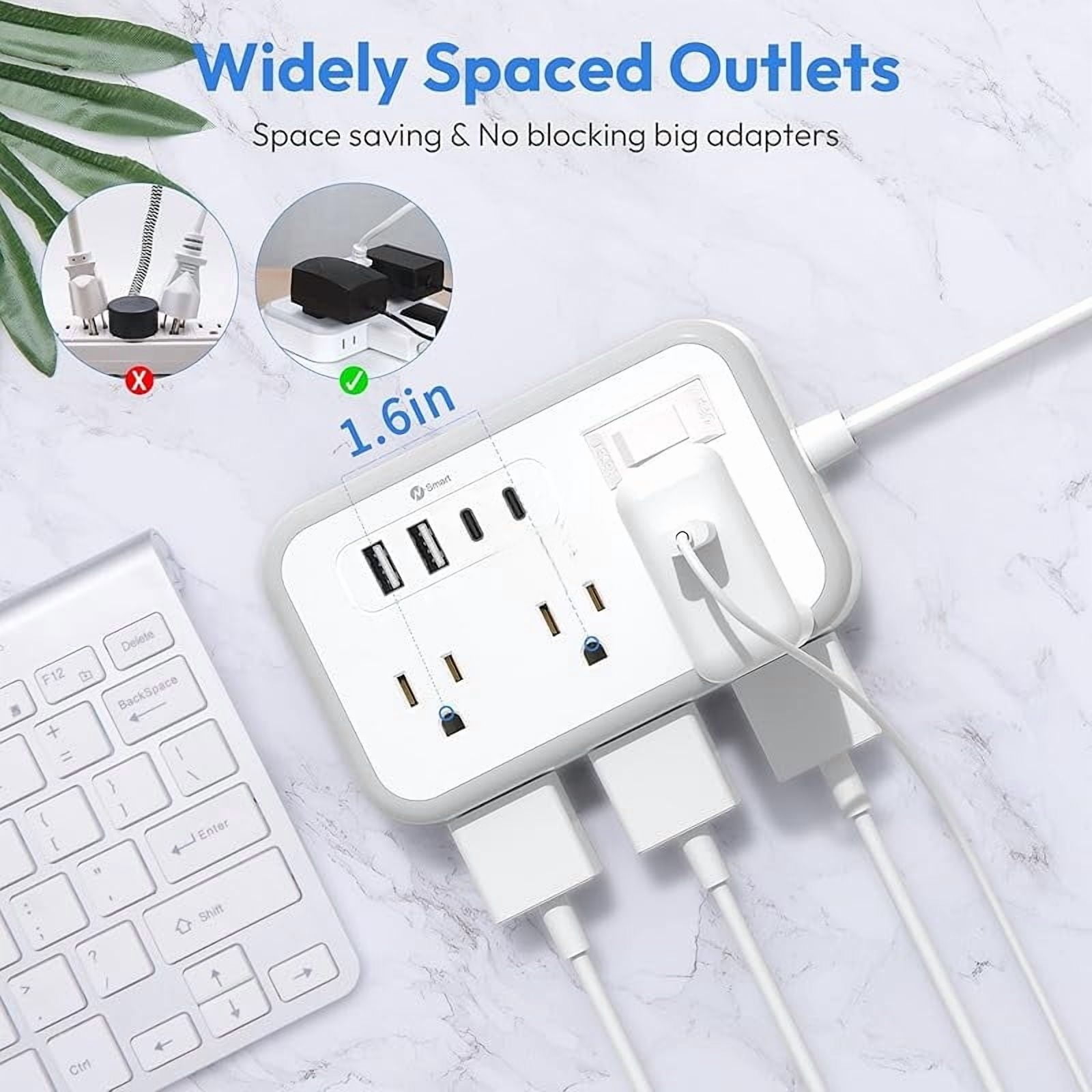 15 ft Extension Cord Power Strip – Surge Protector with 6 Outlets, 4 USB Ports (2 USB-C), Flat Plug, 1080-Joule Protection for Home, Office, Dorm Room Essentials